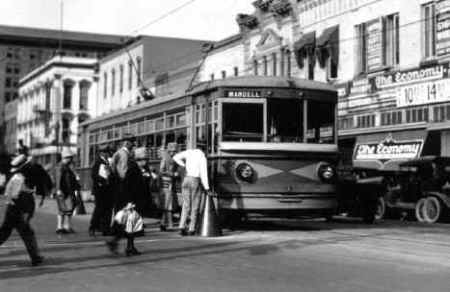 "A busy downtown scene in the late 1920's finds car 416 on the Mandell line, preparing to head outbound to the Montrose district.  These cars, built in 1927, were the last series of streetcars ordered by the Houston Electric Co.  (There were two later experimental cars, but that's another story.)" Courtesy, Steve Baron.