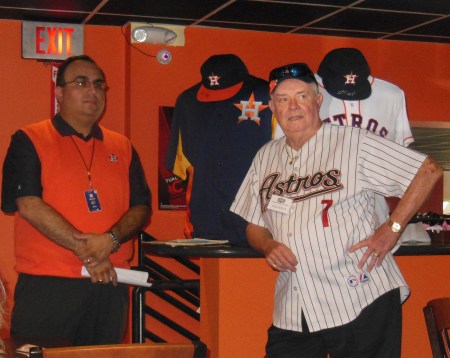 Mike Acosta (L) of the Houston Astros and Stan "The Man" Curtis of SABR get ready for the latter's presentation on the new team uniforms for 2013.