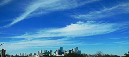 January 31, 2013: View of Dpwntown Houston from the Gulf Freeway, near the former site of Buff Stadium.