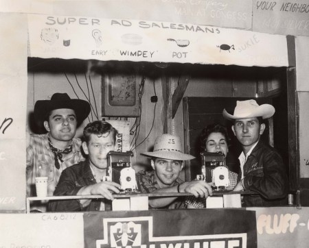 Our Phi Kappa Theta fraternity built and ran the annual "Foto Saloon", a place to have your souvenir picture of that Frontier Fiesta visit captured forever with help from brothers like Pat O'Brien, Bob Murphy, Bernard Ciulla, and Bill McCurdy. (The girl with her eyes shut was a visitor that night.)