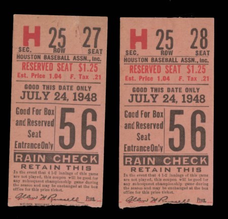 These two game tickets were for reserved seats in Section H, Row 25, Seats 27 and 28.. They each cost $1.25, which included 21cents in tax for each ticket.