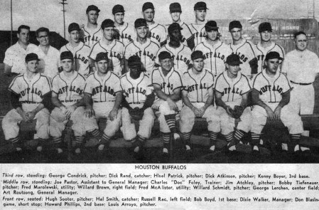 Photo Courtesy of Darrell Pittman. - In this one of the 1954 Buffs, Howie Phillips is the 2nd from right on front row. He got a fitting uniform in time for the late season team photo.