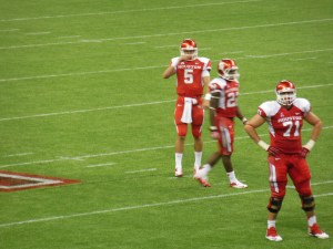 UH QB John O'Korn, #5, awaits confirmation of his 3rd and final TD pass of the game.