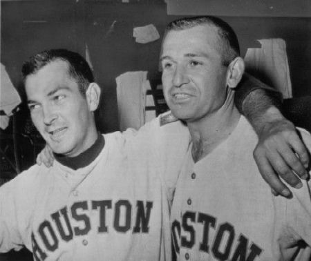 Don Buddin (L) celebrates a road win with Houston Colt .45 first baseman Norm Larker at some point in his brief 1962 local job as the club's shortstop.