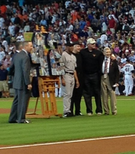 L-R: Jeff Luhnow, Reif Ryan, Mariano Rivera, Opie Otterstad, Roger Clemens and Milo Hamilton celebrate the end of Mario's great career