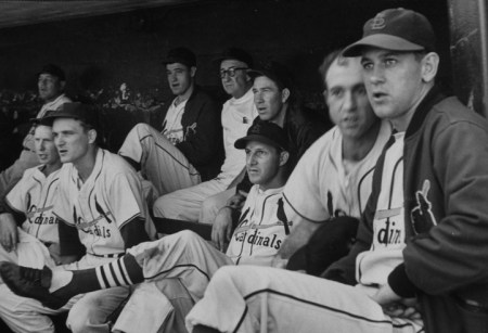 1952 St. Louis Cardinals: That's Larry Miggins sitting between Stan Musial and Red Schoendienst. How many other Cardinal players do you recognize?