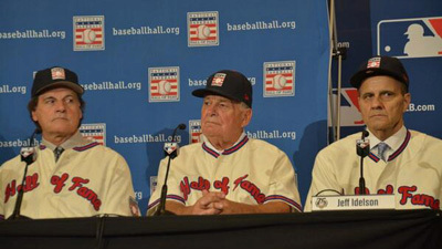 Tony LaRussa, Bobby Cox, and Joe Torre ~ The guys wore their game faces to the HOF induction announcement. ~