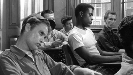 Vic Morrow (front, left) and Sidney ottier (back, right) were the two major student adversaries in "Blackboard Jungle," 1955.