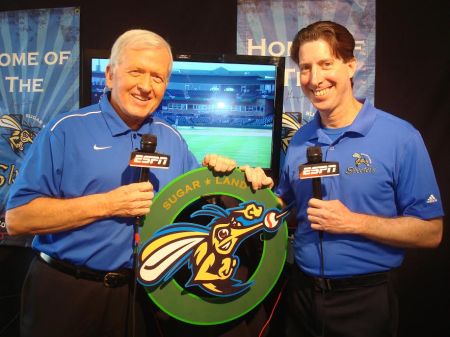 Greg Lucas (L) joins Ira Liebman and the Sugar Land Skeeters' broadcast team.