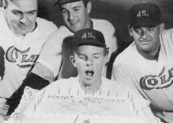 Happy 18th Birthday, anyway, Larry! - After his loss on his 18th birthday debut, the Houston Colts helped Larry Dierker celebrate the very special occasion with cnales and cake in the clubhouse.