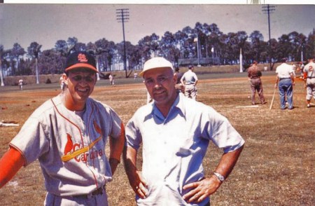 1954: Stan Musial and buddy Chuck Schmidt meet up at Spring Training in Florida.