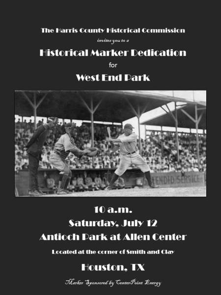 The West End Park plaque dedication has been moved to Antioch Park at Allen Center at the corner of Smith & Clay. 10 AM, Saturday, July 13, 2014 remains as our fixed ceremonial time. Please join us.