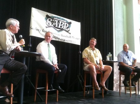 In the Great Hall, Bill Brown (L) led a former players panel of Astros (L-R) that included Alan Ashby, Larry Dierker, and Art Howe.