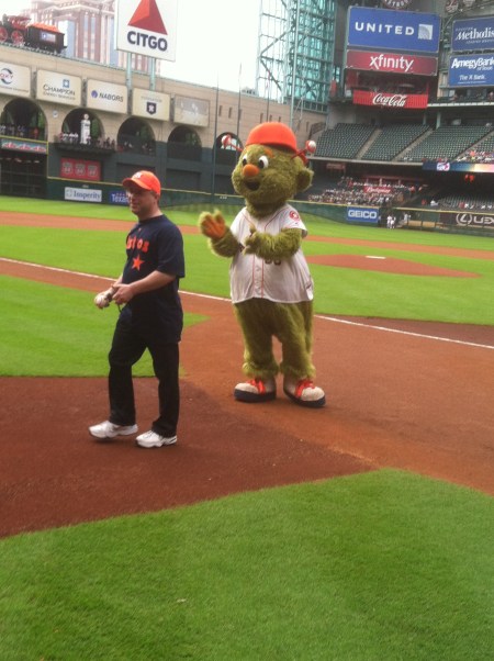 Even Orbit couldn't solve all the jitters our SABR silent auction winner had with his first pitch effort, but he got it going anyway with catcher George Springer, who also signed the ball for our stalwart SABR brother.