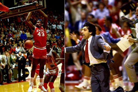 April 4, 1983: Lorenzo Charles dunks the winning basket for NC State in their 52-50 victory over Houston in the NCAA final game at Albuquerque.- Coach Valvano launches into insanity run as the face of shock in celebration.