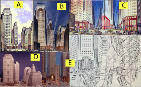 Five of the Patrick Lopez Drawings for the Time Square Tower Project ~ "A" is the one on display with credit now extended to the artist.