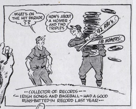 CARDINAL TEAMMATE  ASKS: "WHAT'S ON THE HIT PARADE?" MIGGINS ANSWERS:"HOW ABOUT A HOMER TWO TRIPLE?"  (92 RBI'S AND 18 HOMERS ARE INSCRIBED ON HIS BATS)  ...COLLECTOR OF RECORDS...HAD A GOOD RUNS-BATTED-IN RECORD LAST YEAR...