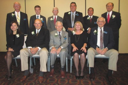 2014 inductees seated: Elizabeth Cope for deceased father Myron, Bob Milkvy, Gerald Karver, Debbie Black, and Ron Necciai.  Standing: Joseph Bressi, Kane Kalas for deceased father Harry, John McDonald, Lance Rautzhan, John Cartwright and Robert Donato. ~ Phot0 Compliments of Ron Paglia