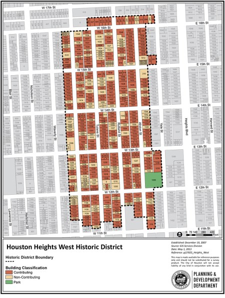 "n the Houston Heights historic districts, named streets run north and south. East-west streets are numbered, beginning with 4th St just north of I-10 and continuing to 20th St on the north side of Heights East. Sixth Street is also known as White Oak Boulevard. Numbered streets are named ‘West’ on the west side of Heights Blvd are ‘East’ on the east side of Heights Blvd. " ~ http://www.houstontx.gov/planning/HistoricPres/HistoricPreservationManual/historic_districts/heights_boundaries.html