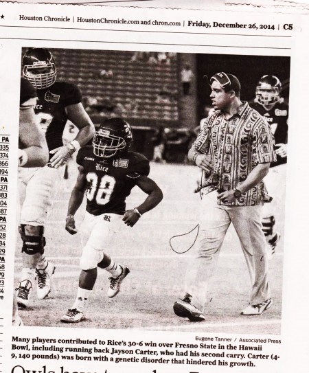Jayson Carter got his 2nd ball carry in two years for Rice in their 30-6 win over Fresno State on Christmas Eve 2014 at the Hawaii Bowl. – He gained two yards.