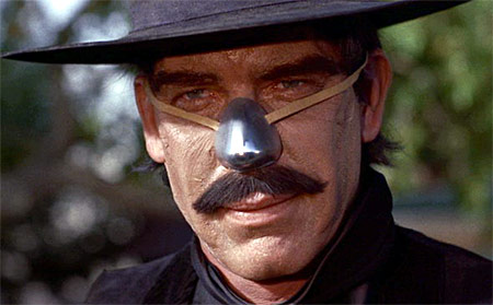 The design of Lee Marvin's silver nose in "Cat Ballou" drew my interest because of its no-surgery-required wearing simplicity, but those attachment straps riding beneath the eyes also got my attention as distractions to peripheral vision.