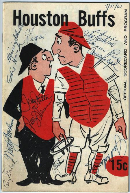 Many historical Buffs signed this Buff scorecard on 7/31/1961. The questions is: WHY? What was special about that Monday of Houston's last minor league season?
