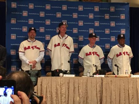 New York, 1/07/15: 2015 Hall of Fame Inductees John Smoltz, Randy Johnson, Craig Biggio, and Pedro Martinez.
