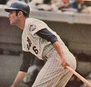 Using his bat for his misplaced glove, AL WEISS, SS of the Mets on 4/15/68, used this body  position to demonstrate his readiness for the ground ball that turned hiim into a human croquet wicket and that allowed a gound ball to slp through him for a 1-0 Astros win the bottom of the 24th. 