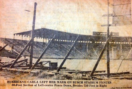 September 11, 1961: Hurricane Carla left both a physical and metaphorical message on the future of Busch-Buff Stadium in Houston. Ten days later, the Buffs played their last game ever at the quickly repaired park.