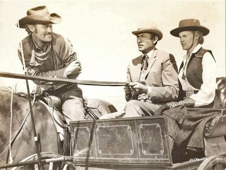 CHUCK CONNORS (L) WAS A COWARDLY BULLY IN "THE BIG COUNTRY" AND IS PUT TO SHAME IN THE END BY GREGORY PECK (CENTER) AND THEN KILLED BY HIS OWN FATHER (BURL IVES) FOR BEING A COWARD.