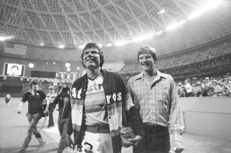 April 7, 1979: Ken Forsch No-Hits Braves, 6-0, in 2nd Game of Season! Larry Dierker arrives to offer congratulations with an inscription he wrote on his score card. ~ Houston Post Photo Courtesy of Houston Public Library