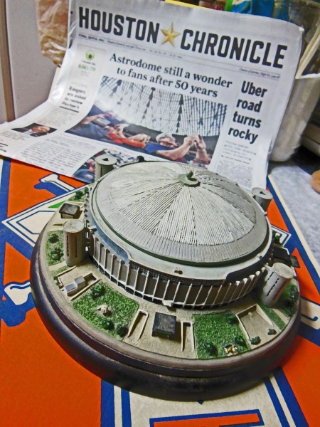 April 10, 2015 Our city awoke today to the Houston Chroncle's fine front page story of last night birthday bash for "The Eighth Wonder of the World." Hundreds also took photos of our little mini-me version of the big dome at out SABR table.