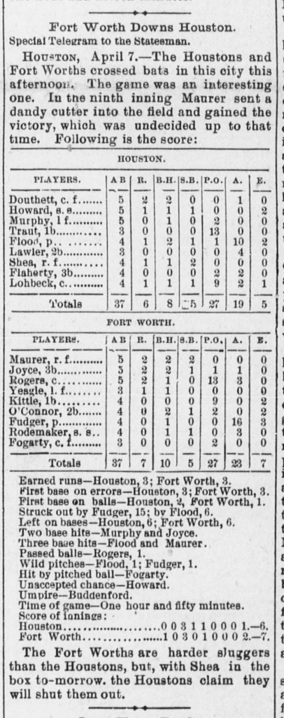 Box Score From the April 19, 1888 Edition of the Austin American-Statesman