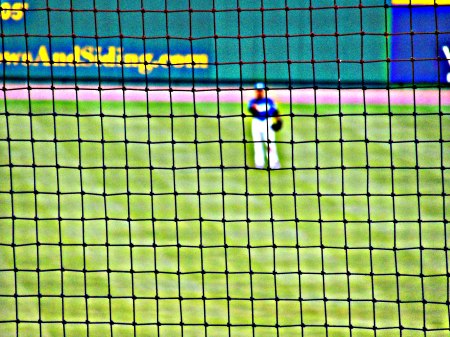 Speaking of age, 33-year old former Astro Willie Taveras was in the game, playing center field for the Skeeters. We apologize for the lack of a clearer picture, but this is what sometimes happens to pictures of players when their baseball futures reach beyond the 