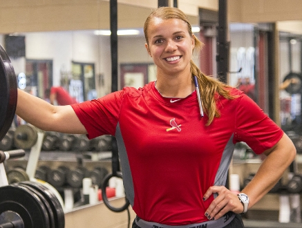 Rachel Balkovec in the weight room as a Cardinals Employee.