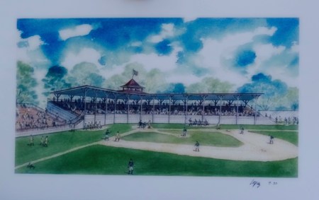 This beautiful rendition of Fair Grounds Base Ball Park was painted and copy righted by incredible SABR artist Patrick Lopez in 2014.A very limited number of prints are still available for $25 from SABR thru local chapter President Bob Dorrill by e-mail at BDorrill@aol.com