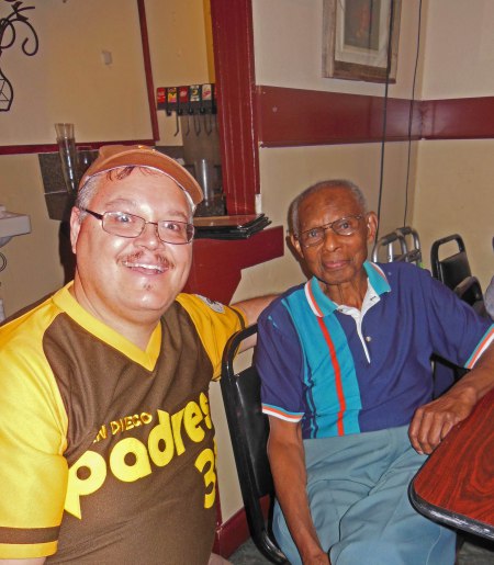 Matt Rejamaniak of SABR greets 91-year Raymon Lacy to the latter's speaking engagement at SABR on 7/14/2014.