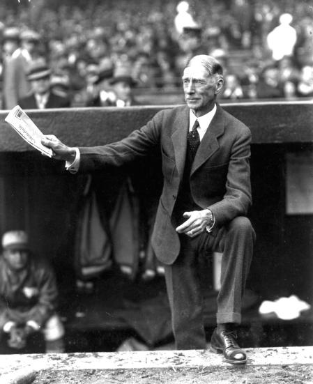 Connie Mack used lineup scorecard to signal his players in the field. My mind hardly ever sees Mack on the field without it.
