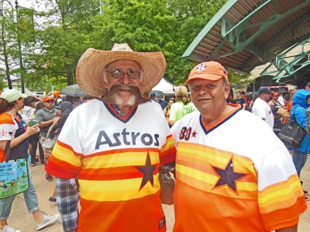 Mustachioed famous Astros fan Valentin Jalomo and good friend and SABR colleague Sam Quintero smile for the camera at the Astros Fan Street Festival on the afternoon prior to the Opening Day game between Houston and Kansas City,