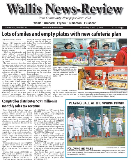 Wallis News-Review Front Page, April 12, 2016 Barker Red Sox Roar!