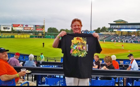 Larry Dierker threw out the first pitch and worked an inning with Ira Liebman in the game broadcast. Larry then received this HR-gift from Mike McCroskey, lower left.