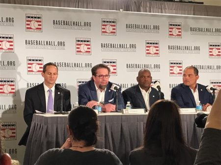 The Hall of Fame Class of 2017 NY Media Day, 1/19/2017 HOF President Feff Idelson, Jegg Bagwell, Tim Raines, & Ivan Rodriguez Photo by Dr. Kevin Gee